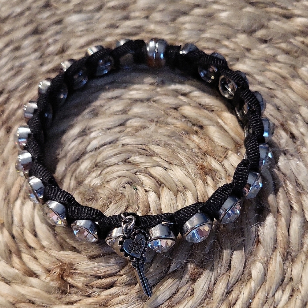 Black and Silver Betsey Johnson Beaded Bracelet with Heart Charm